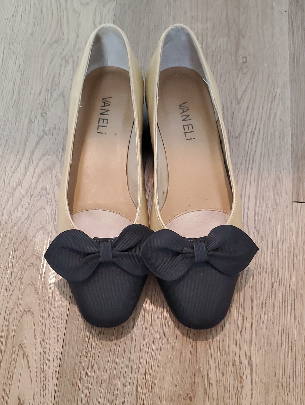 Vaneli Cream Flats with Black Bow Toe